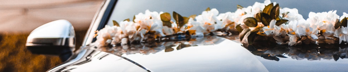 Wedding car decorated with white flowers